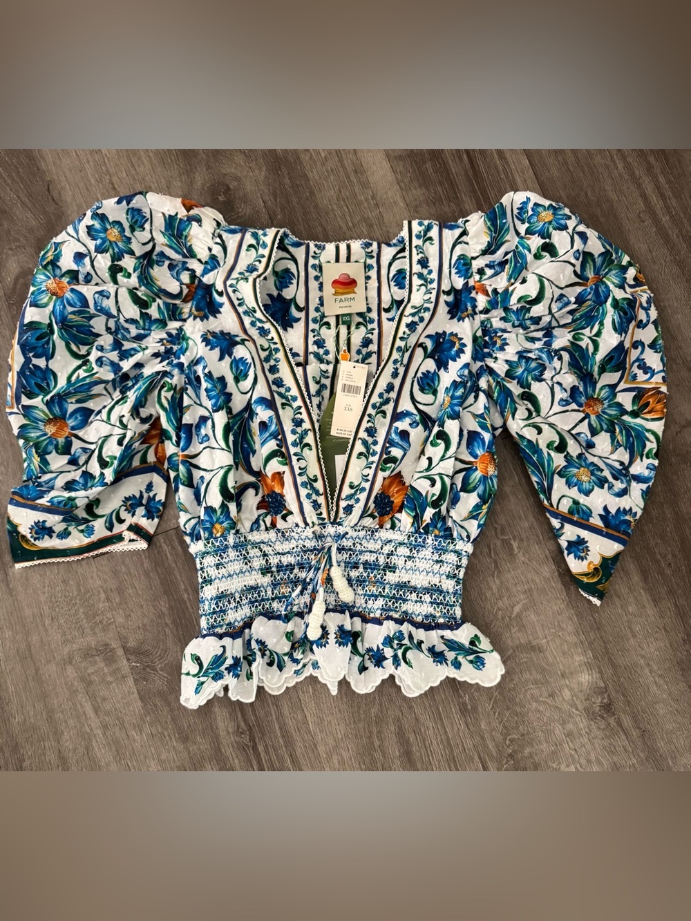 Farm Rio Off-White Flora Tile Smocked Blouse - Picture 6 of 8